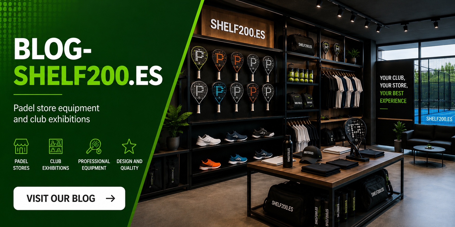 Shelf200.es blog about commercial equipment for padel stores and clubs, padel racket displays, professional merchandising, and sports retail design